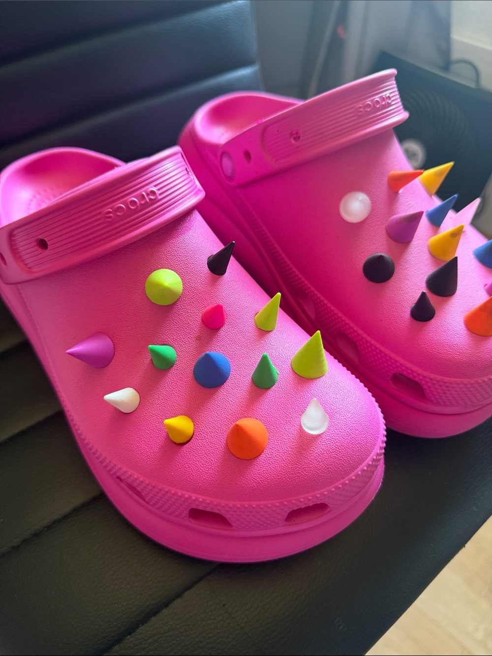 Bright Pink CROCS Sandals with Colorful Studs
